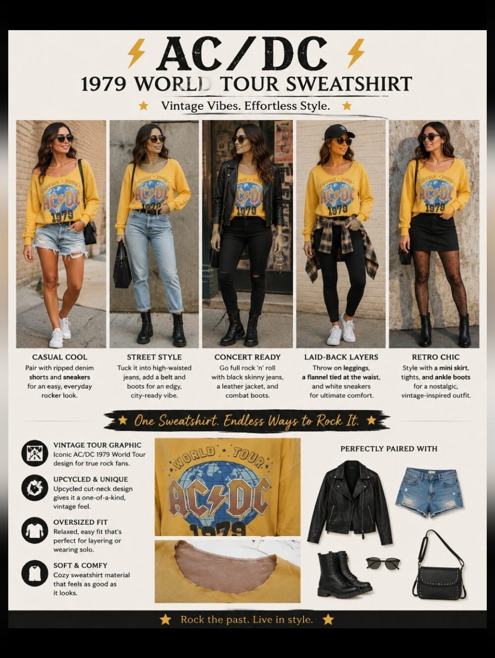 AC/DC ~ Yellow 1979 World Tour Cut-Neck | Oversized | Upcycled Sweatshirt XS